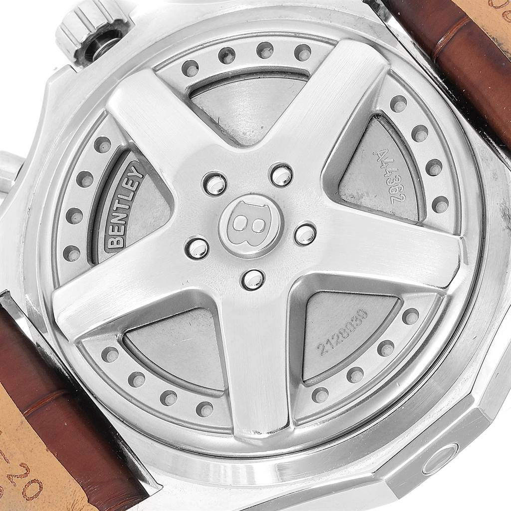 This image shows the case back of a Bentley model watch by Breitling, viewed from the rear.
