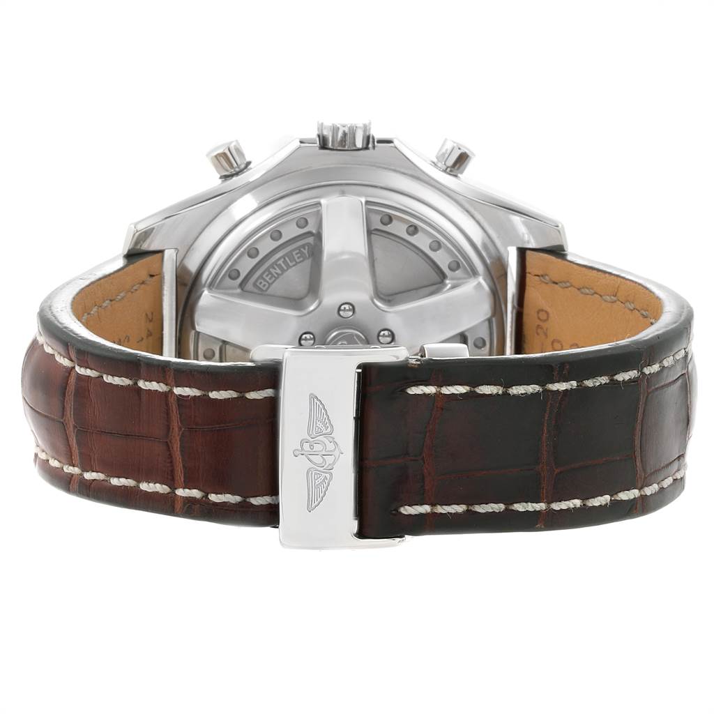 The image shows the back view of a Bentley model by Breitling, highlighting the caseback and leather strap.