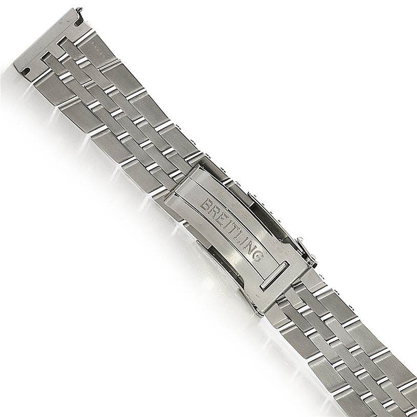 The image shows a close-up of the stainless steel strap clasp of the Breitling Bentley A2836212/C722-SS Men
s Stainless Steel Mother of Pearl Dial A2836212/C722-SS Men
s Stainless Steel Mother of Pearl Dial watch, displaying the brand
s logo.