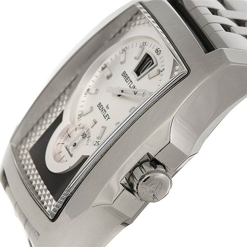 The image shows a close-up side angle of the Breitling Bentley A2836212/C722-SS Men
s Stainless Steel Mother of Pearl Dial A2836212/C722-SS Men
s Stainless Steel Mother of Pearl Dial watch, highlighting its face, bezel, and crown.