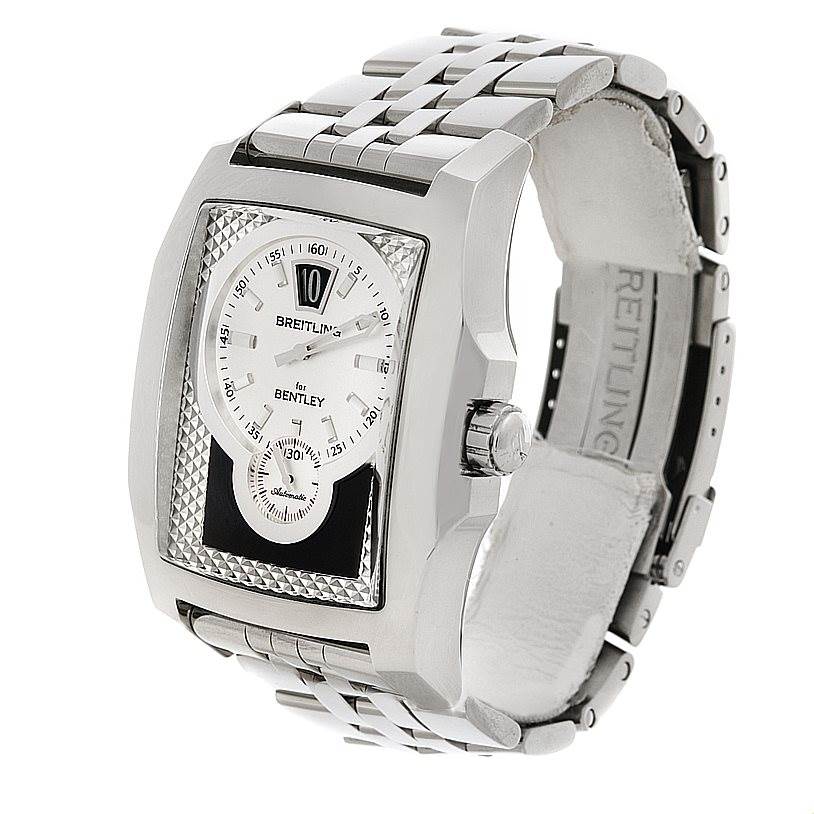 The Breitling Bentley A2836212/C722-SS Men
s Stainless Steel Mother of Pearl Dial A2836212/C722-SS Men
s Stainless Steel Mother of Pearl Dial model watch is shown from a front-left angle, highlighting the face, casing, crown, and part of the metal bracelet.