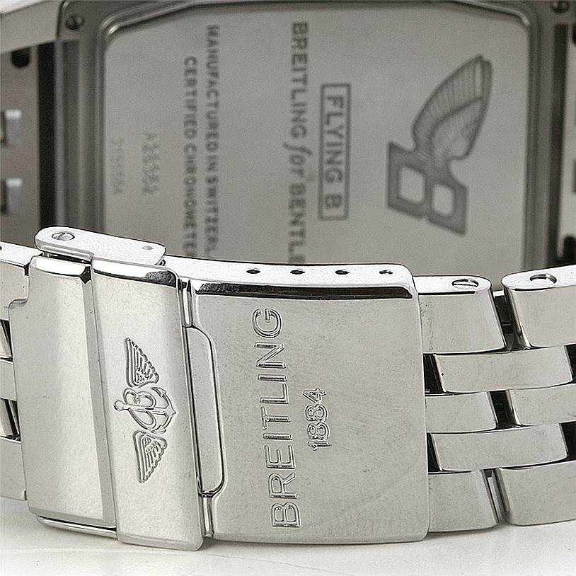 This image shows the clasp and back case of the Breitling Bentley A2836212/C722-SS Men
s Stainless Steel Mother of Pearl Dial A2836212/C722-SS Men
s Stainless Steel Mother of Pearl Dial model watch, featuring the brand
s logo and "Flying B" inscription.