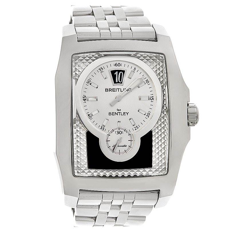 This image shows a frontal view of a Breitling Bentley A2836212/C722-SS Men
s Stainless Steel Mother of Pearl Dial A2836212/C722-SS Men
s Stainless Steel Mother of Pearl Dial model watch, displaying the dial and metal bracelet.