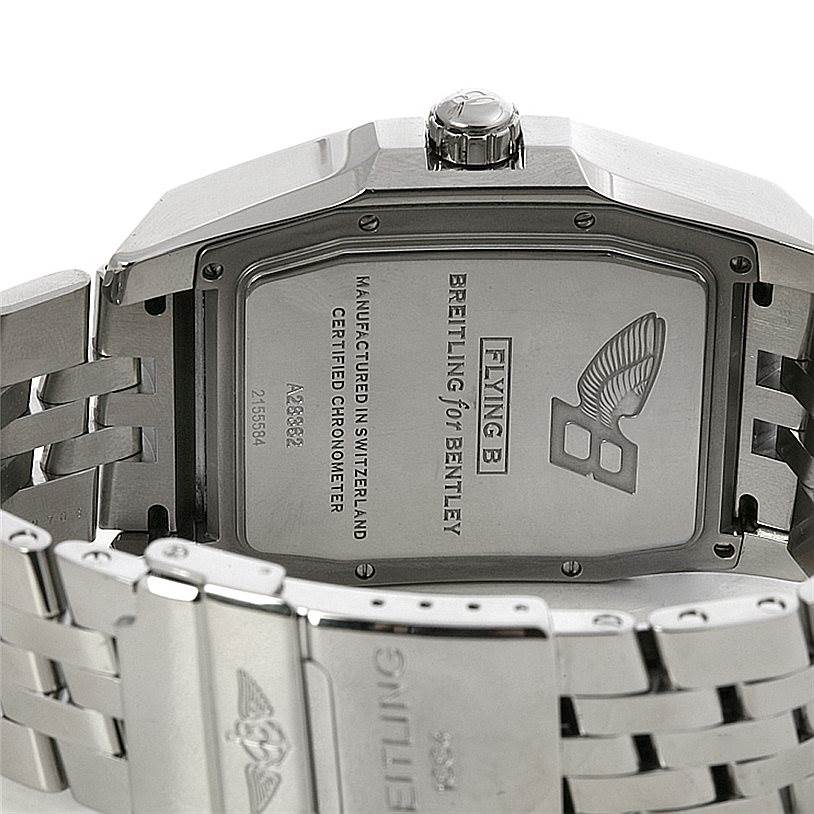 The image shows the back casing and bracelet of the Breitling Bentley A2836212/C722-SS Men
s Stainless Steel Mother of Pearl Dial A2836212/C722-SS Men
s Stainless Steel Mother of Pearl Dial Flying B watch.