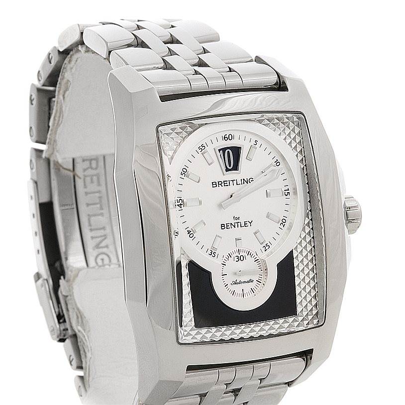 The image shows a Breitling Bentley A2836212/C722-SS Men
s Stainless Steel Mother of Pearl Dial A2836212/C722-SS Men
s Stainless Steel Mother of Pearl Dial watch at a slight side angle, highlighting its face, bezel, crown, and metal bracelet.