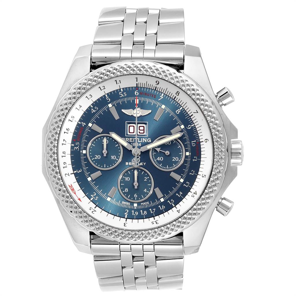 The image shows a front view of a Bentley model watch by Breitling, highlighting its face, bezel, chronograph dials, and bracelet.