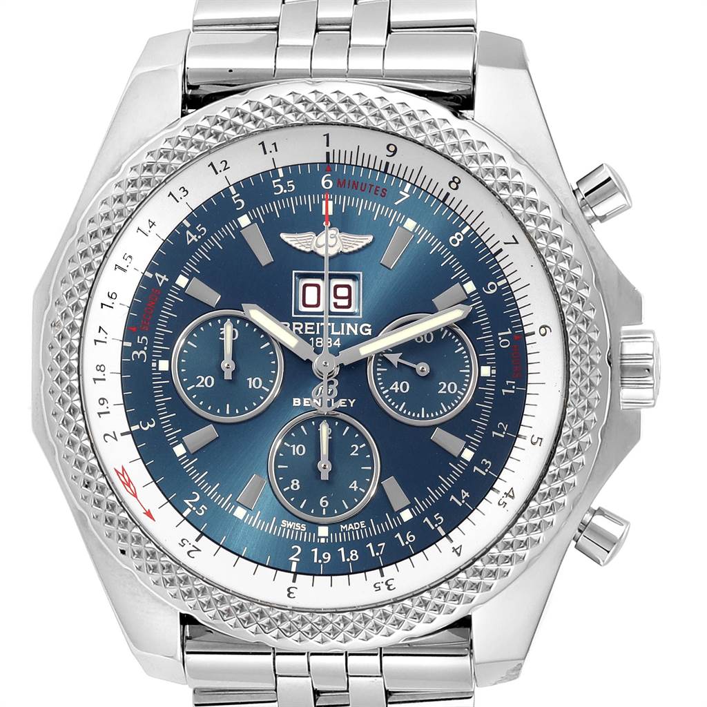 The image shows a frontal close-up of a Breitling Bentley A44364 Men's Stainless Steel Blue Dial A44364 Men's Stainless Steel Blue Dial watch, highlighting the dial, bezel, and part of the bracelet.