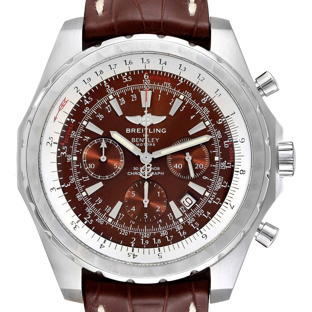This image shows a front view of a Breitling Bentley A25363 Men's Stainless Steel Brown Dial A25363 Men's Stainless Steel Brown Dial watch with a brown leather strap and detailed chronograph features.