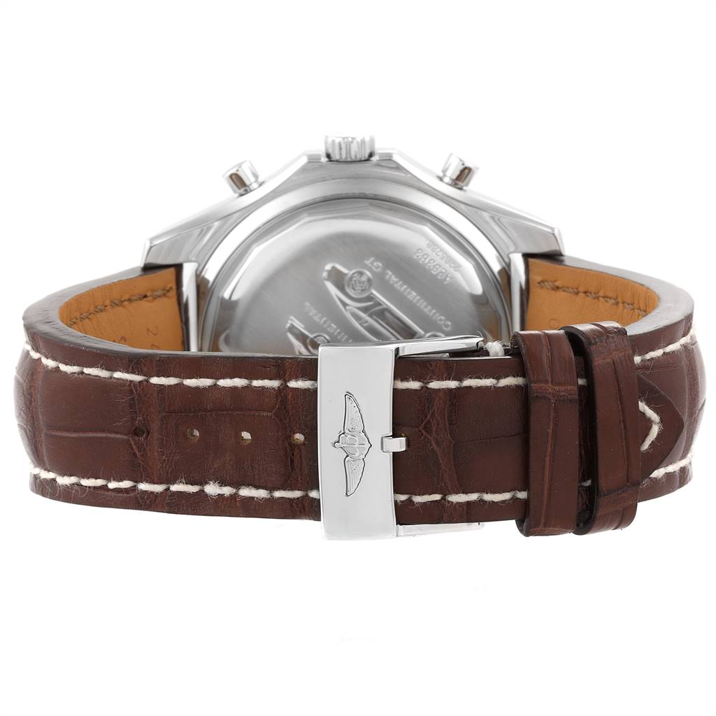 The image shows the rear view of a Breitling Bentley A25363 Men's Stainless Steel Brown Dial A25363 Men's Stainless Steel Brown Dial model watch, highlighting its leather strap and case back.