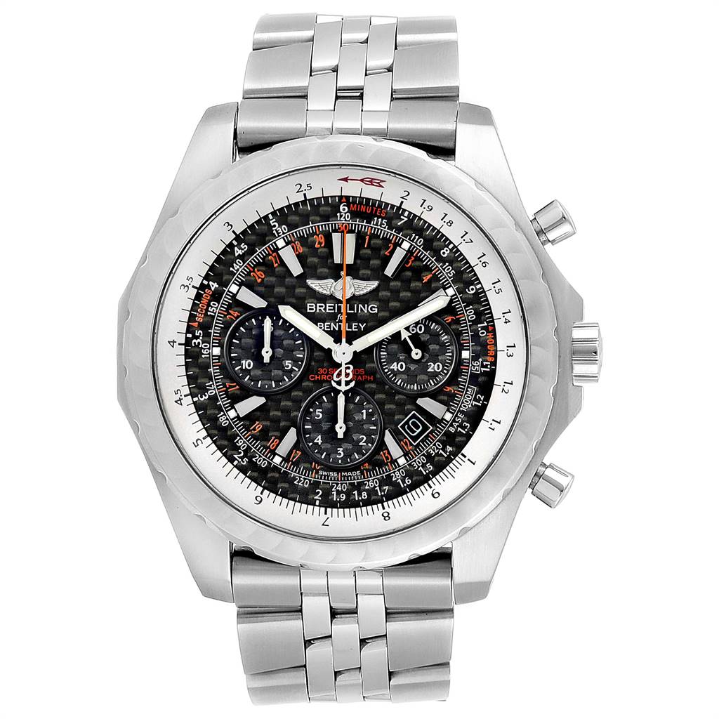 This image shows a front view of the Breitling Bentley A25365 Men's Stainless Steel Black Dial A25365 Men's Stainless Steel Black Dial watch, showcasing the face, bezel, sub-dials, and metal bracelet.