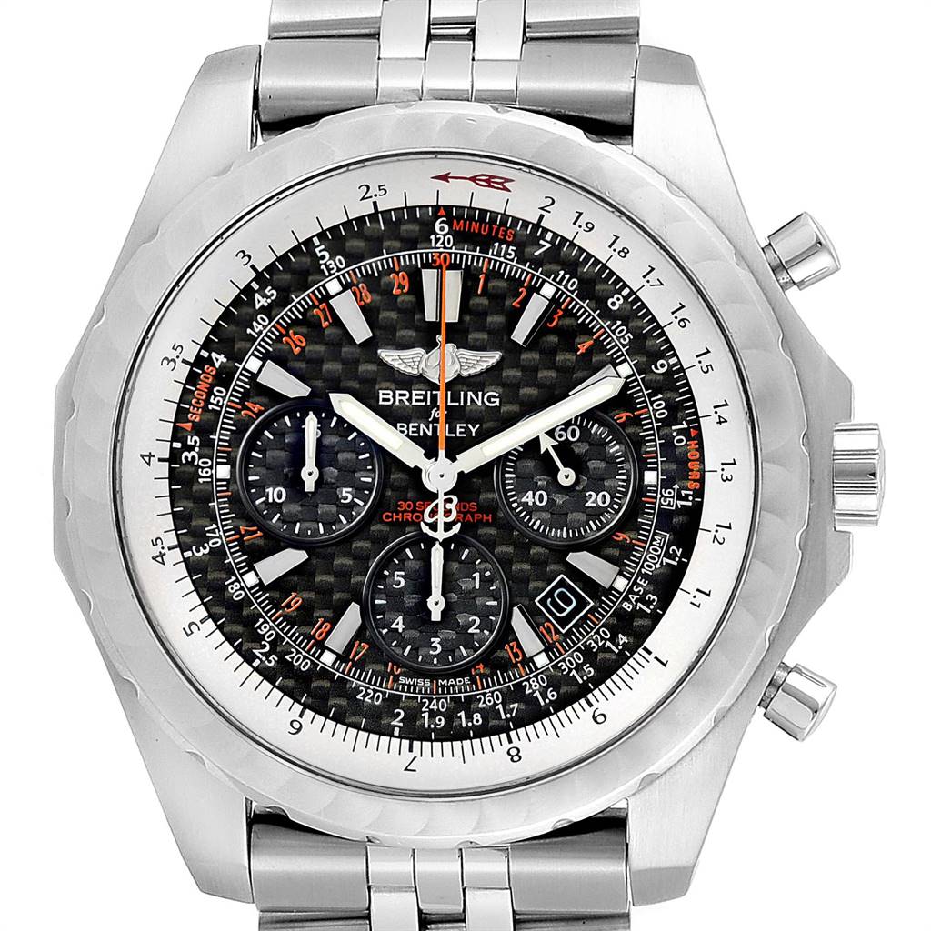 This image shows a front view of the Bentley model by Breitling, highlighting its dial, subdials, and metal bracelet.