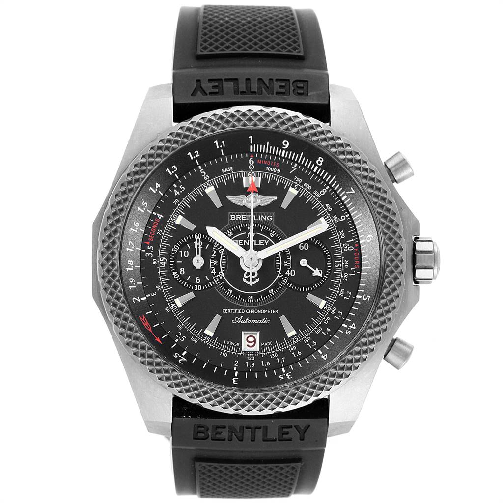 The image shows a front view of the Breitling Bentley E27365 Men's Titanium Black Dial E27365 Men's Titanium Black Dial watch, displaying its intricate dial and a black rubber strap.