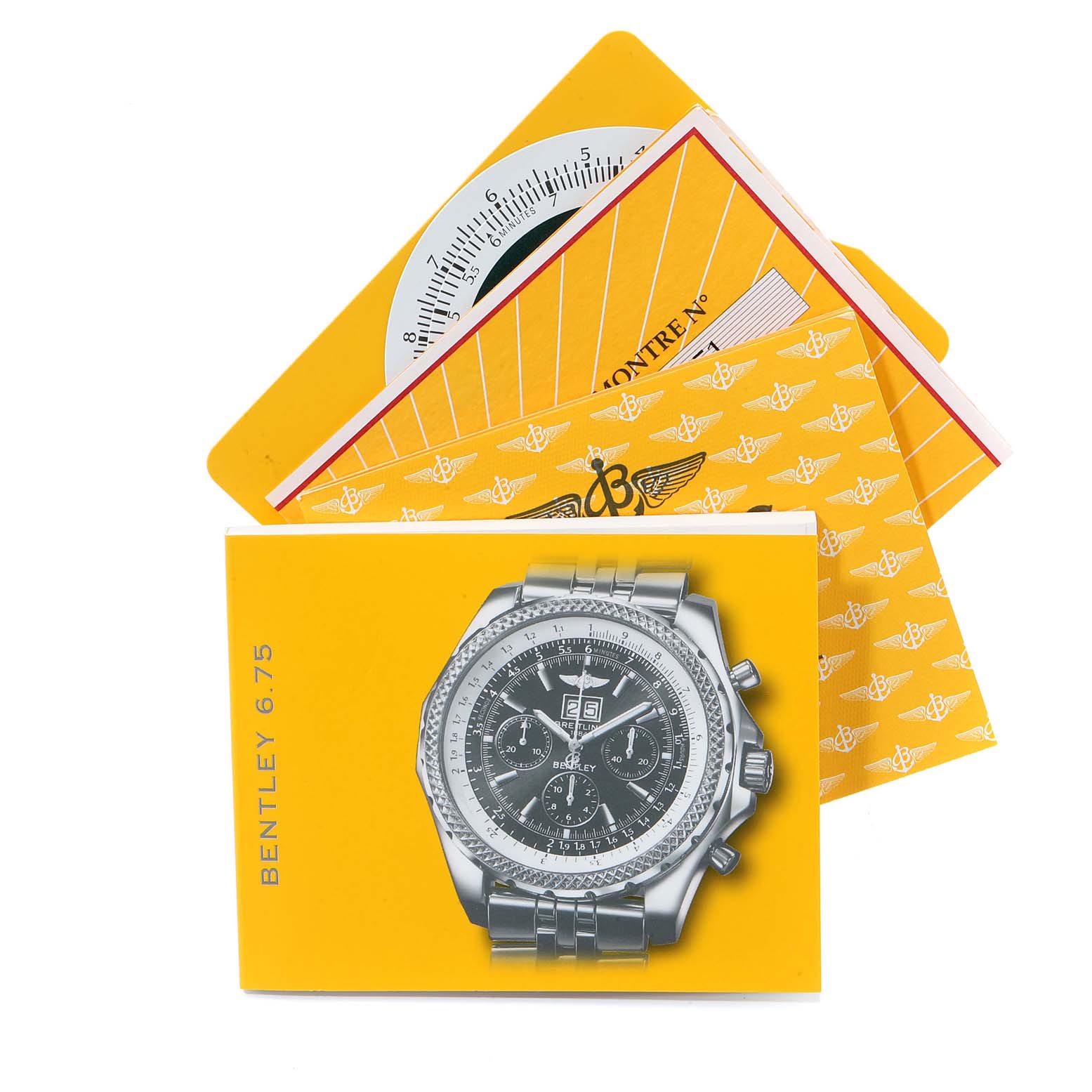 The image shows a booklet and papers for the Breitling Bentley A44362 Men's Stainless Steel Brown Dial A44362 Men's Stainless Steel Brown Dial 6.75 model watch, including its user manual and warranty cards.