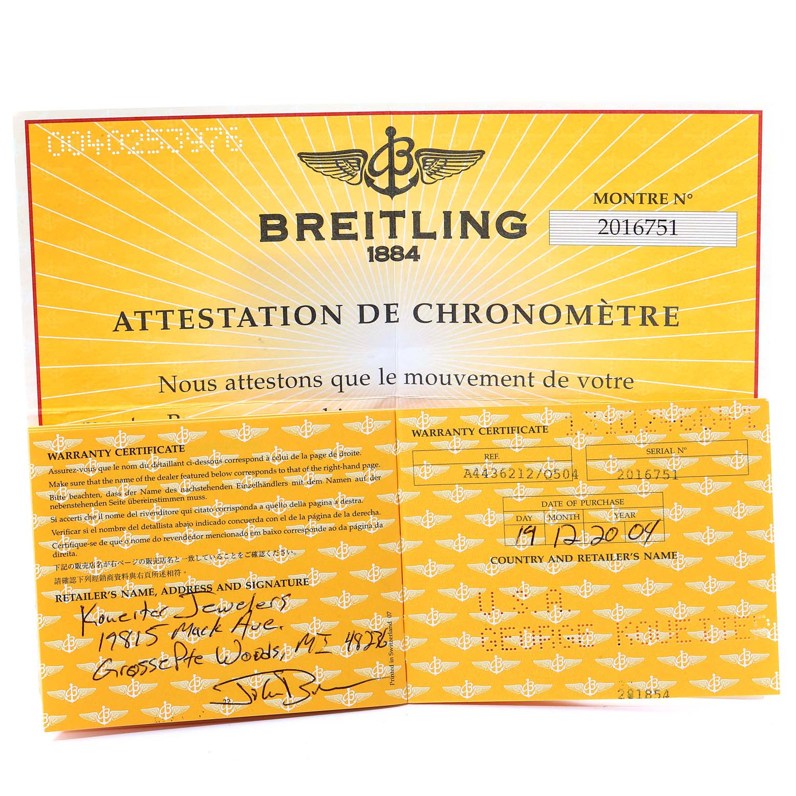 The image shows a Breitling warranty certificate for the Bentley model, along with the attestation of chronometer and purchase details.