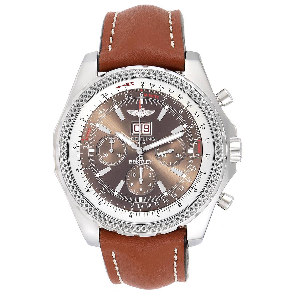 The image shows a front view of the Breitling Bentley A44362 Men's Stainless Steel Brown Dial A44362 Men's Stainless Steel Brown Dial watch, including its brown dial, three sub-dials, and brown leather strap.