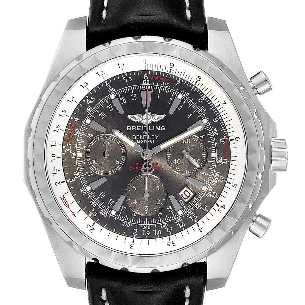 This image shows a front view of the Breitling Bentley A25362 Men's Stainless Steel Grey Dial A25362 Men's Stainless Steel Grey Dial watch, displaying its dial, bezel, subdials, and pushers.