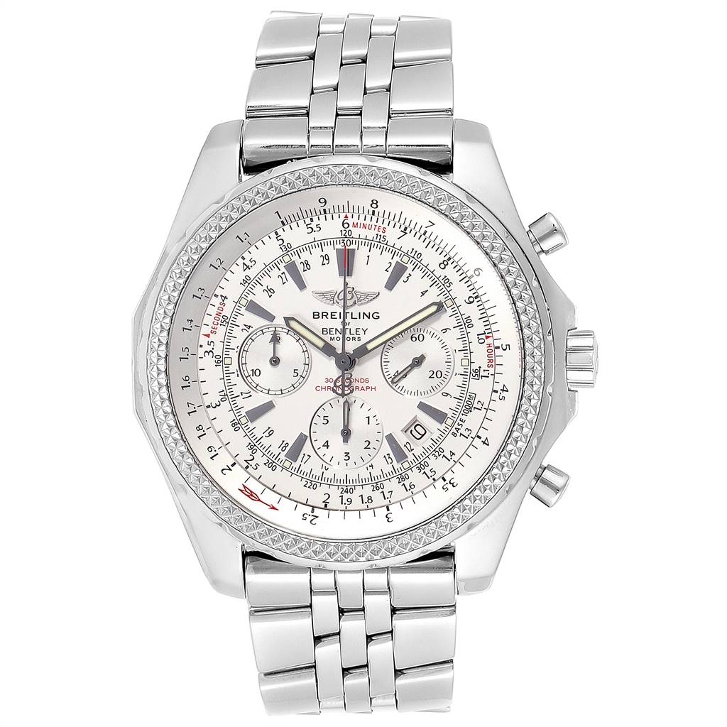 The image shows a frontal view of a Breitling Bentley A25362 Men's Stainless Steel Silver Dial A25362 Men's Stainless Steel Silver Dial watch, displaying its face, bracelet, and buttons on the side.