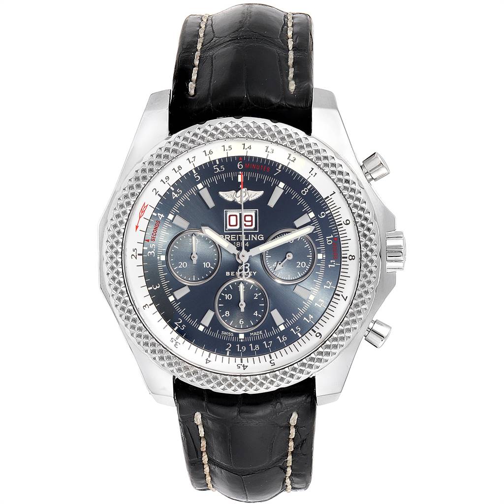 The image shows a front view of the Breitling Bentley A44364 Men's Stainless Steel Blue Dial A44364 Men's Stainless Steel Blue Dial watch, highlighting its dial, bezel, and leather strap.
