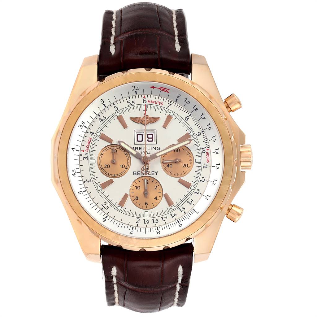 The Breitling Bentley A44364 Men's Rose Gold Silver Dial A44364 Men's Rose Gold Silver Dial watch is shown from a straight-on angle, displaying the face, dials, and leather strap.