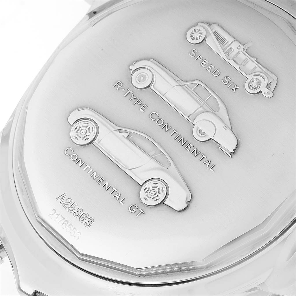 The image shows the engraved back case of a Bentley model watch by Breitling, featuring car designs.