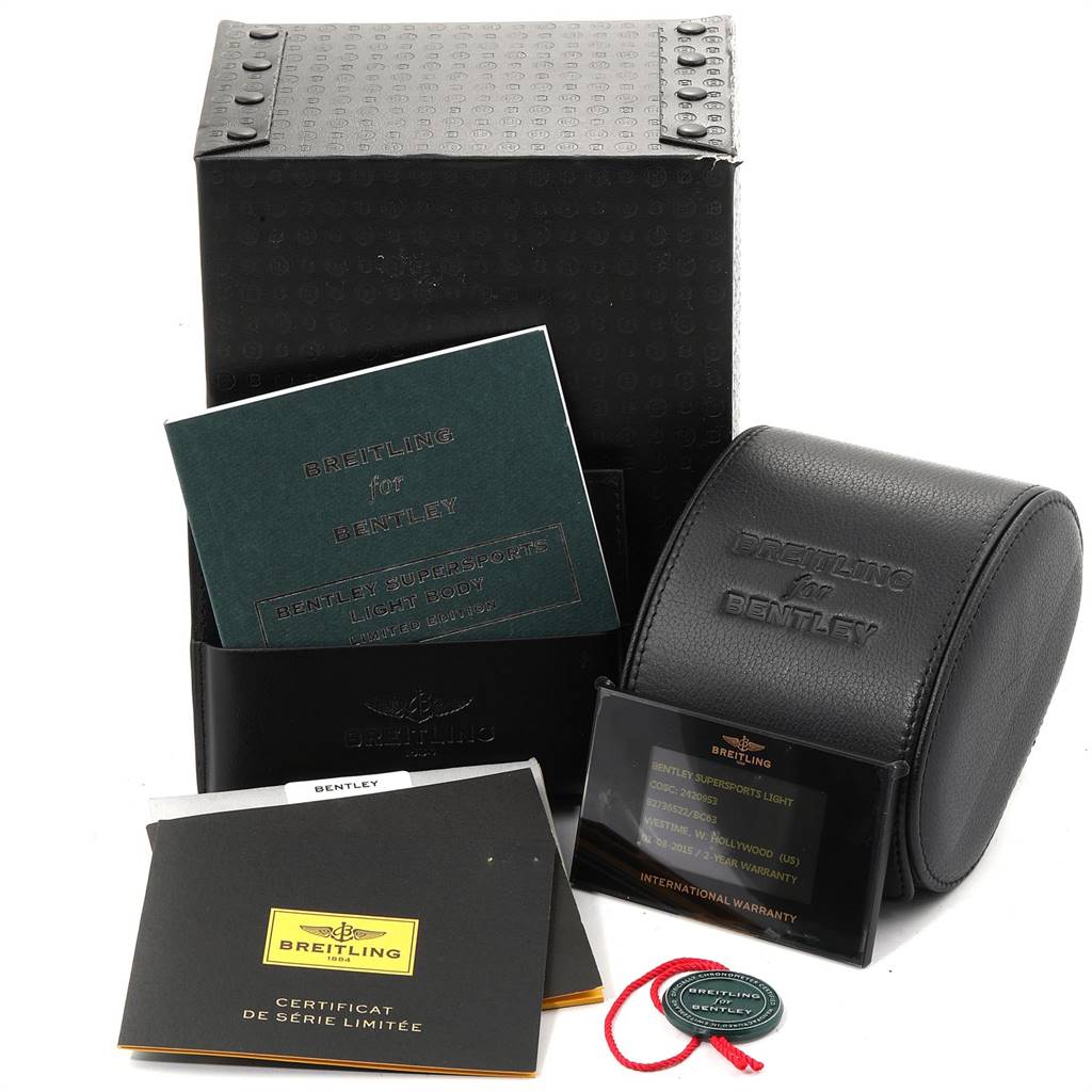 The image shows a box, manuals, a warranty card, and a case for the Breitling Bentley A25363 Men's Stainless Steel Black Dial A25363 Men's Stainless Steel Black Dial watch.