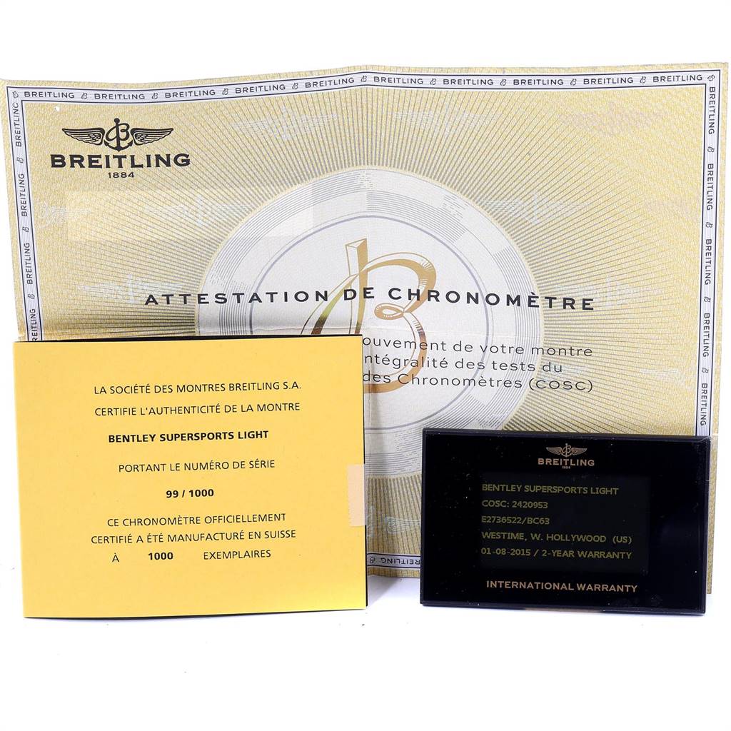 The image shows the warranty cards and the certificate of authenticity for the Bentley model by Breitling.