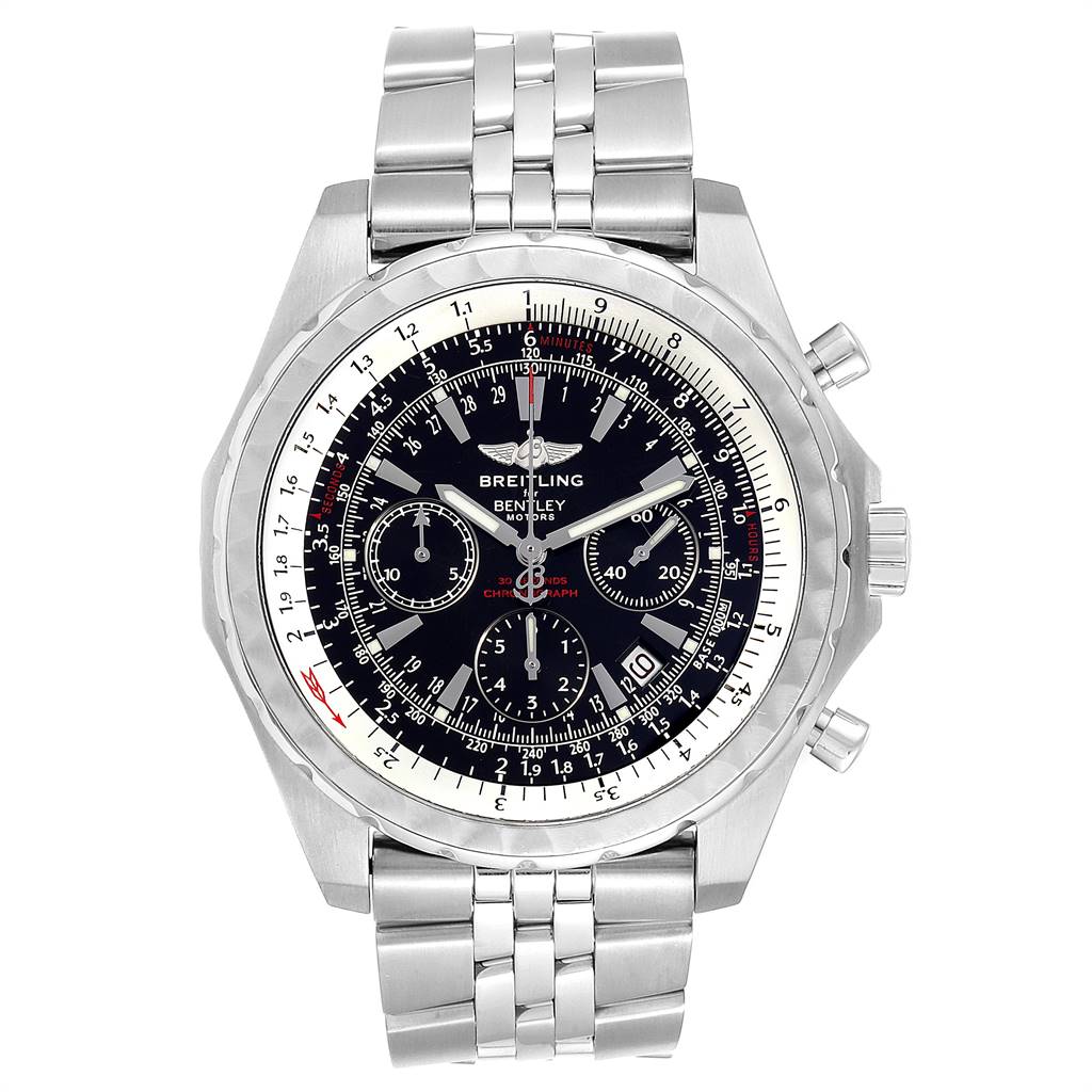 The image shows a front view of the Breitling Bentley A25363 Men's Stainless Steel Black Dial A25363 Men's Stainless Steel Black Dial watch, highlighting its dial, bezel, and stainless steel bracelet.