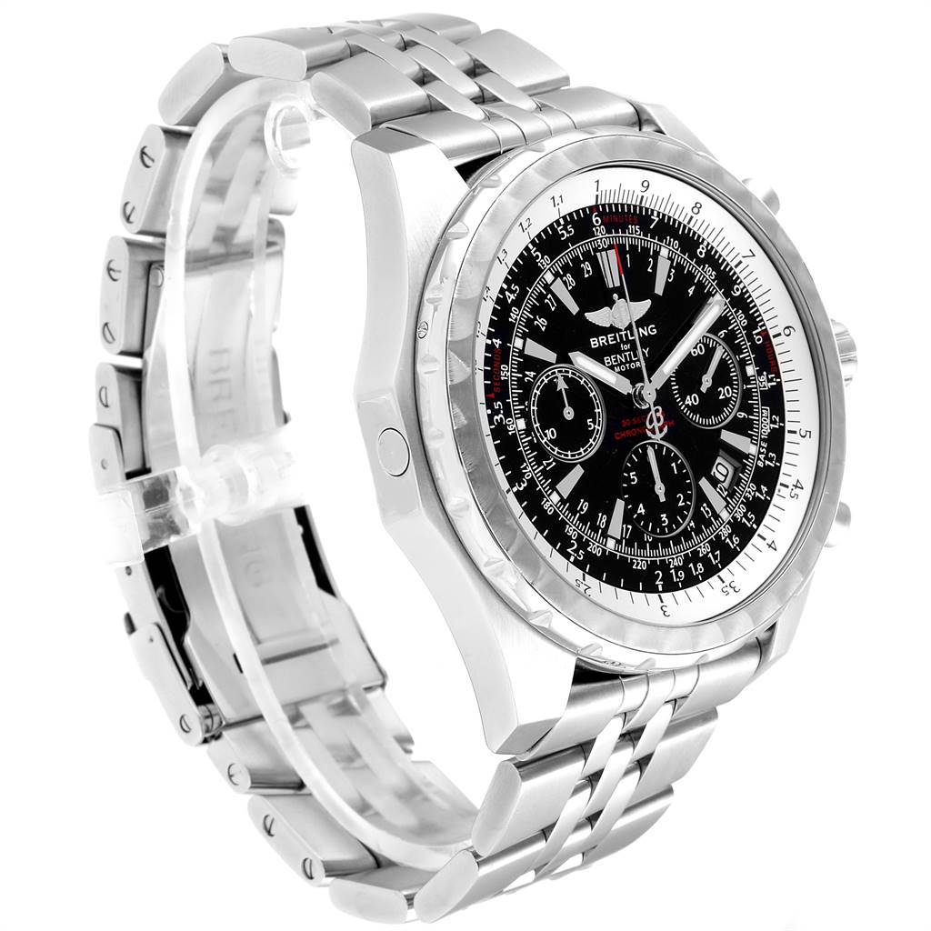 The Breitling Bentley A25363 Men's Stainless Steel Black Dial A25363 Men's Stainless Steel Black Dial watch is shown at a three-quarter angle, displaying the face, bezel, and part of the bracelet.