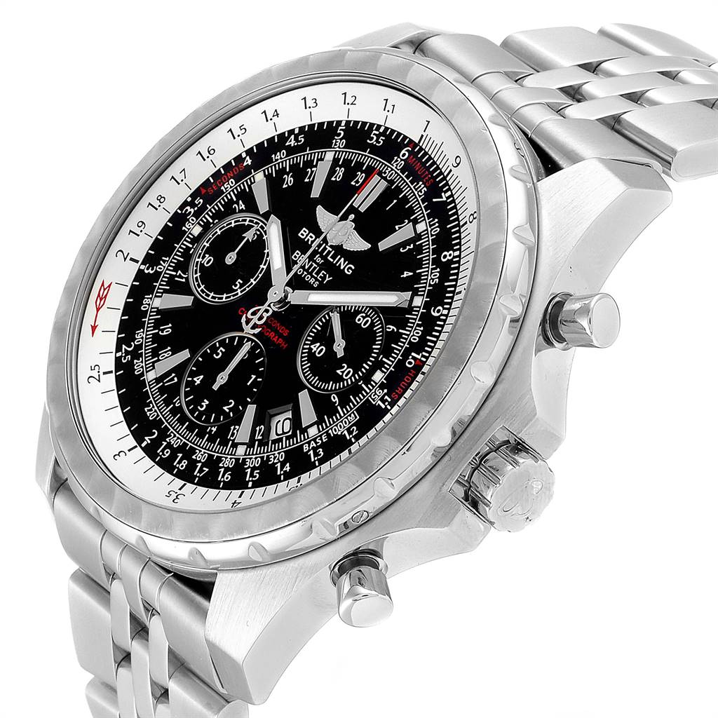 The image shows a Breitling Bentley A25363 Men's Stainless Steel Black Dial A25363 Men's Stainless Steel Black Dial watch at an oblique angle, highlighting the face, bezel, pushers, and metal strap.