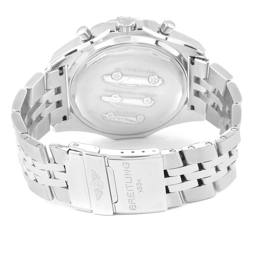 The image shows the back view of the Breitling Bentley A25363 Men's Stainless Steel Black Dial A25363 Men's Stainless Steel Black Dial watch, highlighting the clasp, bracelet, and case back details.