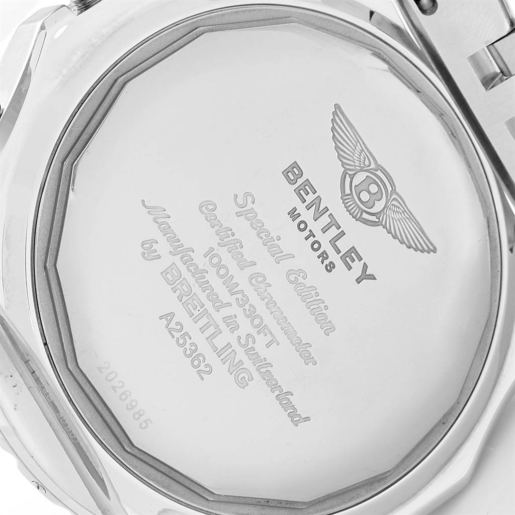 The image shows the back cover of a Breitling Bentley A25362 Men's Stainless Steel Black Dial A25362 Men's Stainless Steel Black Dial watch, highlighting branding and specifications.