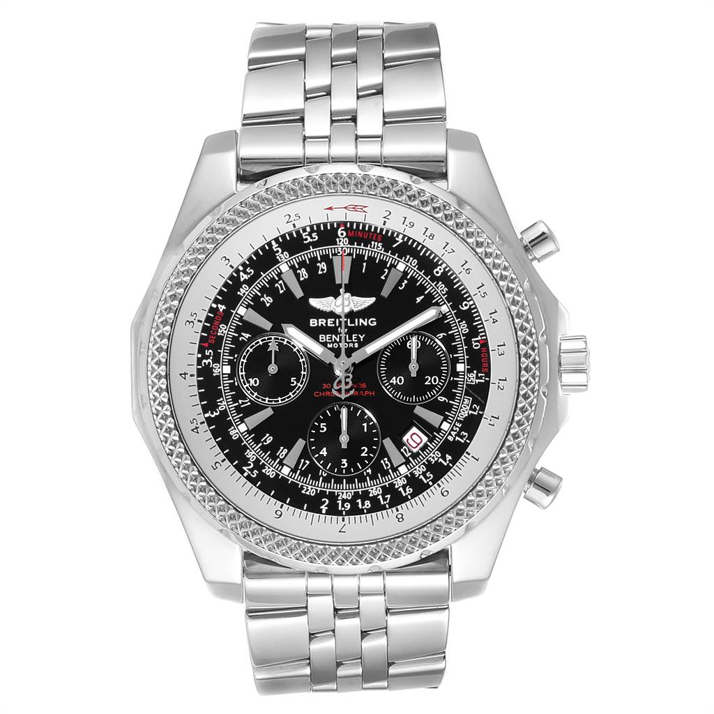 This Breitling Bentley A25362 Men's Stainless Steel Black Dial A25362 Men's Stainless Steel Black Dial watch is shown from a top-down angle, featuring its face, bezel, and metal bracelet.