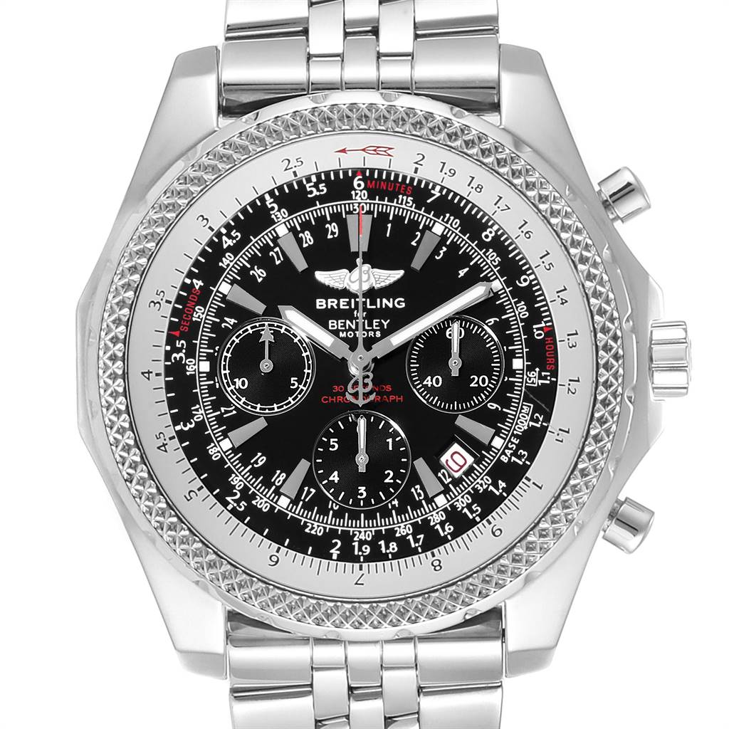 This image shows a frontal view of the Breitling Bentley A25362 Men's Stainless Steel Black Dial A25362 Men's Stainless Steel Black Dial model watch, highlighting the dial, bezel, and part of the bracelet.