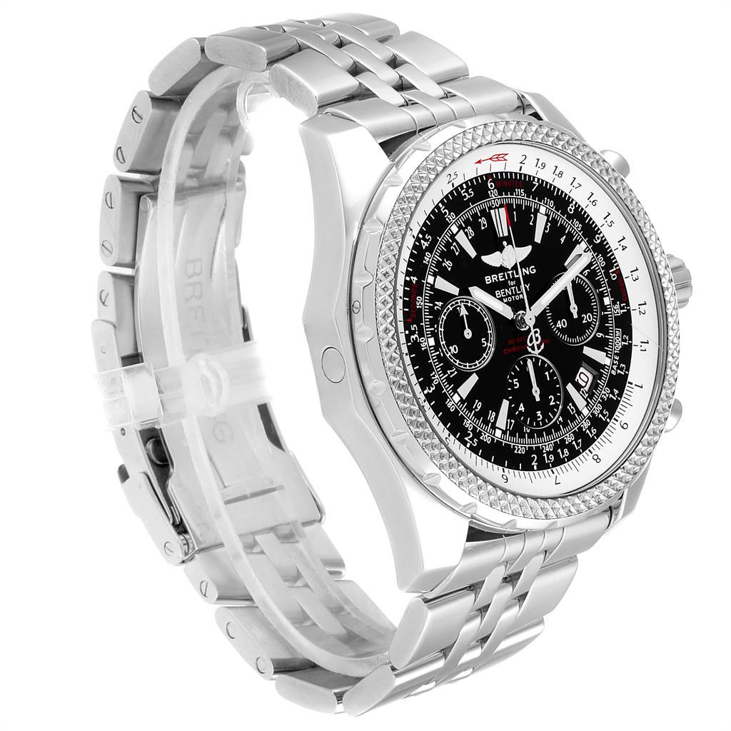 The image shows a side-angle view of the Breitling Bentley A25362 Men's Stainless Steel Black Dial A25362 Men's Stainless Steel Black Dial watch displaying its bezel, dial, and part of the bracelet.