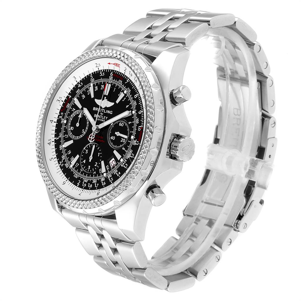 This image shows a side view of the Bentley model watch by Breitling, focusing on the face, bezel, and part of the metal bracelet.