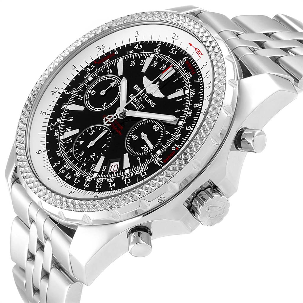 The image shows a Breitling Bentley A25362 Men's Stainless Steel Black Dial A25362 Men's Stainless Steel Black Dial model watch at a tilted angle highlighting the bezel, dial, buttons, and band.