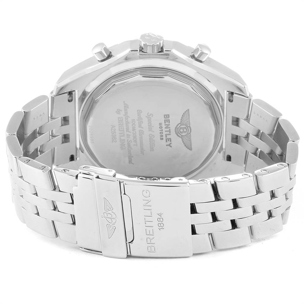 The image shows the back view and clasp of the Breitling Bentley A25362 Men's Stainless Steel Black Dial A25362 Men's Stainless Steel Black Dial watch with an engraved case and metal bracelet.