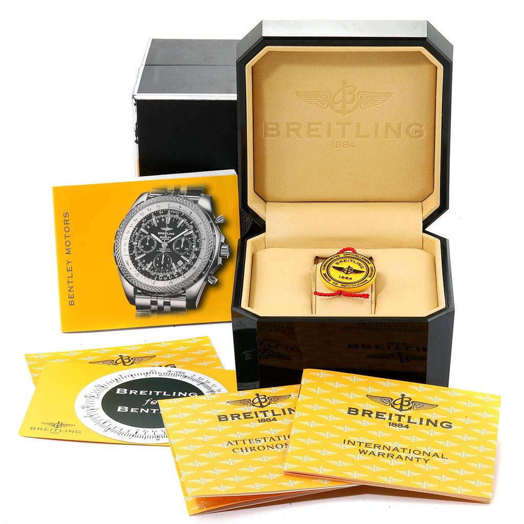 The image shows a Breitling Bentley A25362 Men's Stainless Steel Black Dial A25362 Men's Stainless Steel Black Dial watch in its open case, along with booklets and warranty documents.