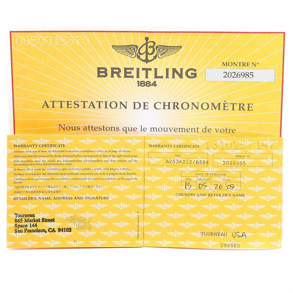 The image shows the warranty certificate and chronometer attestation for a Breitling Bentley A25362 Men's Stainless Steel Black Dial A25362 Men's Stainless Steel Black Dial model watch.