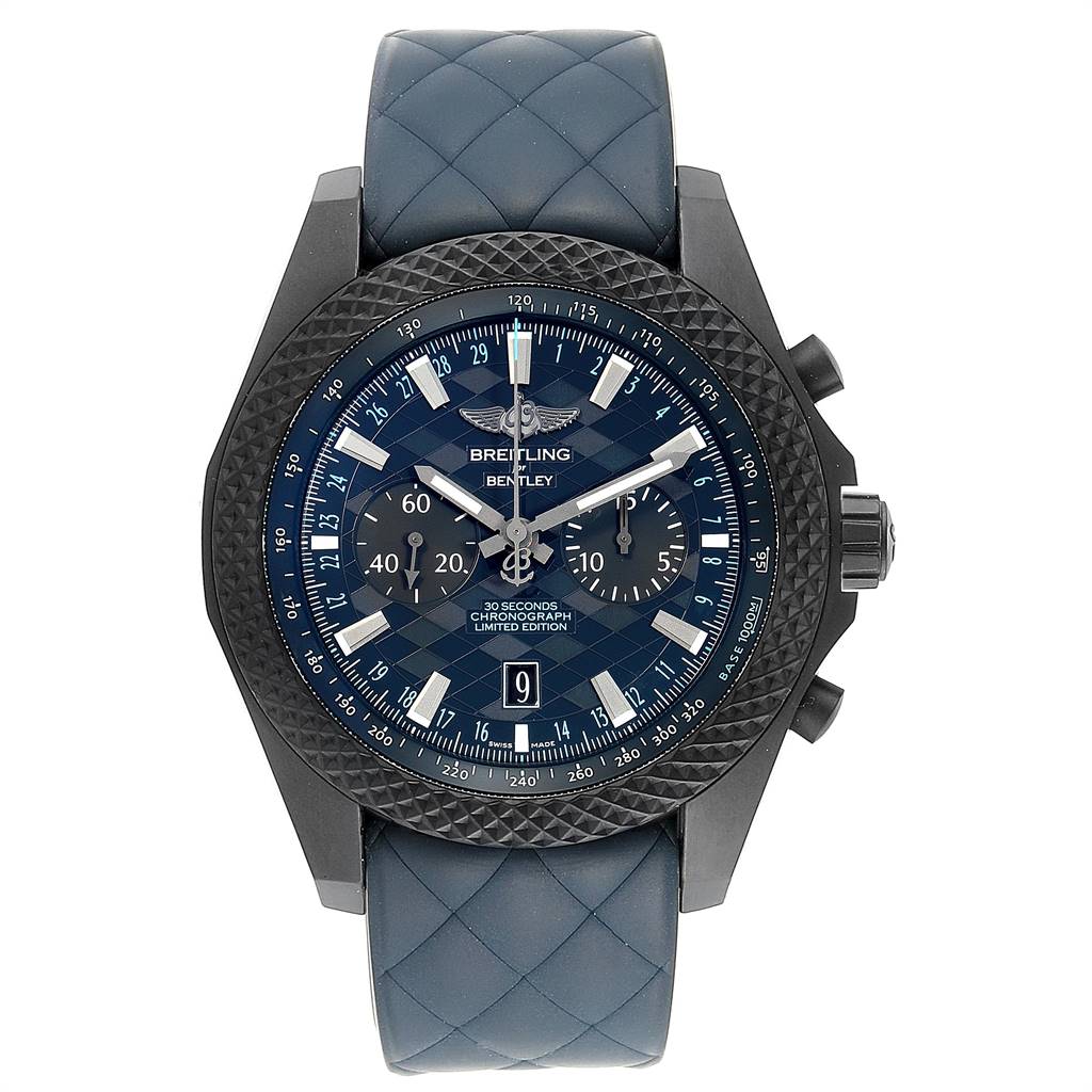 The image shows a top-down view of a Breitling Bentley XB0614C1/C985-166S Men's Stainless Steel Black Dial XB0614C1/C985-166S Men's Stainless Steel Black Dial model watch, displaying its full face and straps.