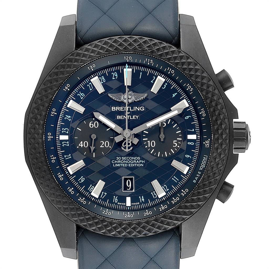 The image shows a close-up, front view of a Breitling Bentley XB0614C1/C985-166S Men's Stainless Steel Black Dial XB0614C1/C985-166S Men's Stainless Steel Black Dial watch, highlighting its face, bezel, and strap.