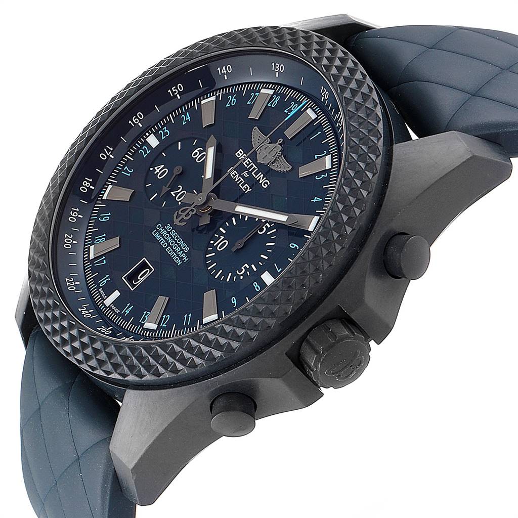 The image shows a Breitling Bentley XB0614C1/C985-166S Men's Stainless Steel Black Dial XB0614C1/C985-166S Men's Stainless Steel Black Dial watch from a side and top angle, highlighting the bezel, dial, crown, and pushers.