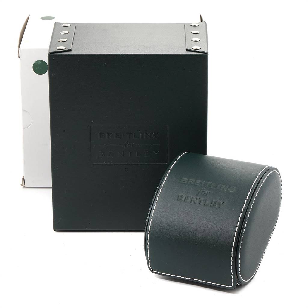 The image shows the packaging and a watch carrying case for the Breitling Bentley XB0614C1/C985-166S Men's Stainless Steel Black Dial XB0614C1/C985-166S Men's Stainless Steel Black Dial model watch.