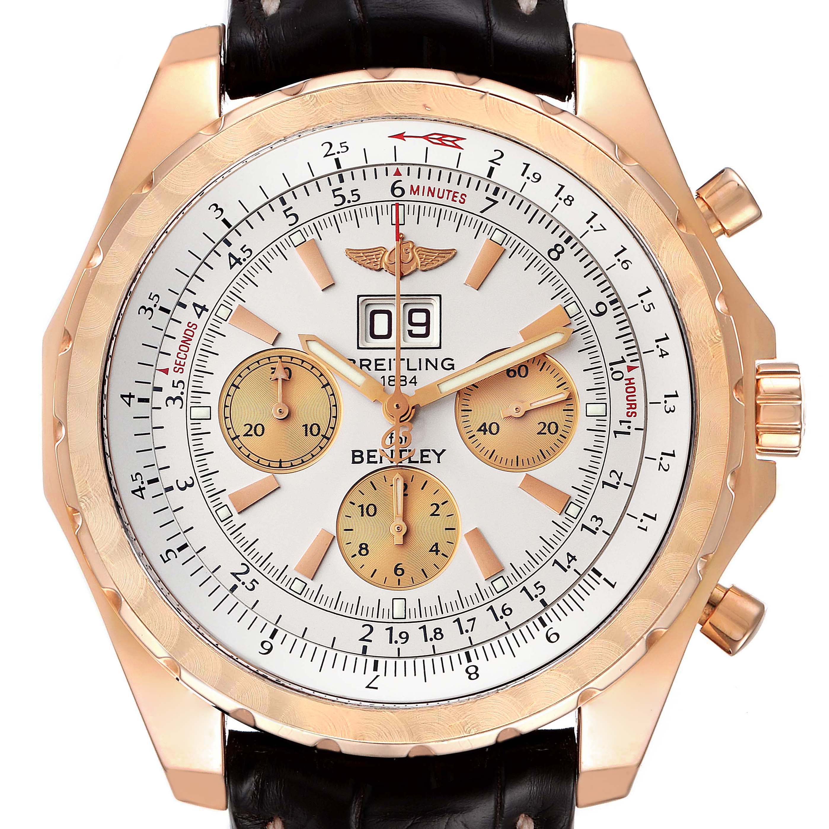 The image shows a front view of the Breitling Bentley H44364 Men's Rose Gold Silver Dial H44364 Men's Rose Gold Silver Dial model watch displaying its face, dials, and strap.