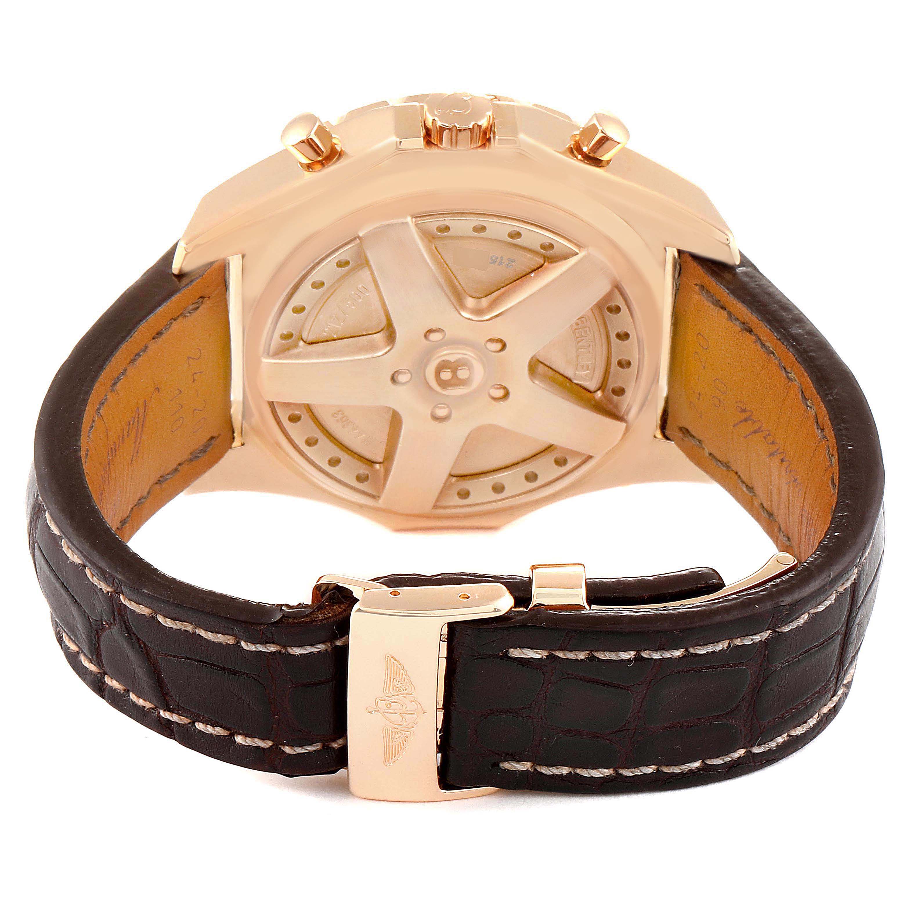 The image shows the back of the Breitling Bentley H44364 Men's Rose Gold Silver Dial H44364 Men's Rose Gold Silver Dial watch, highlighting the rotor and leather strap with a Bentley logo on the clasp.