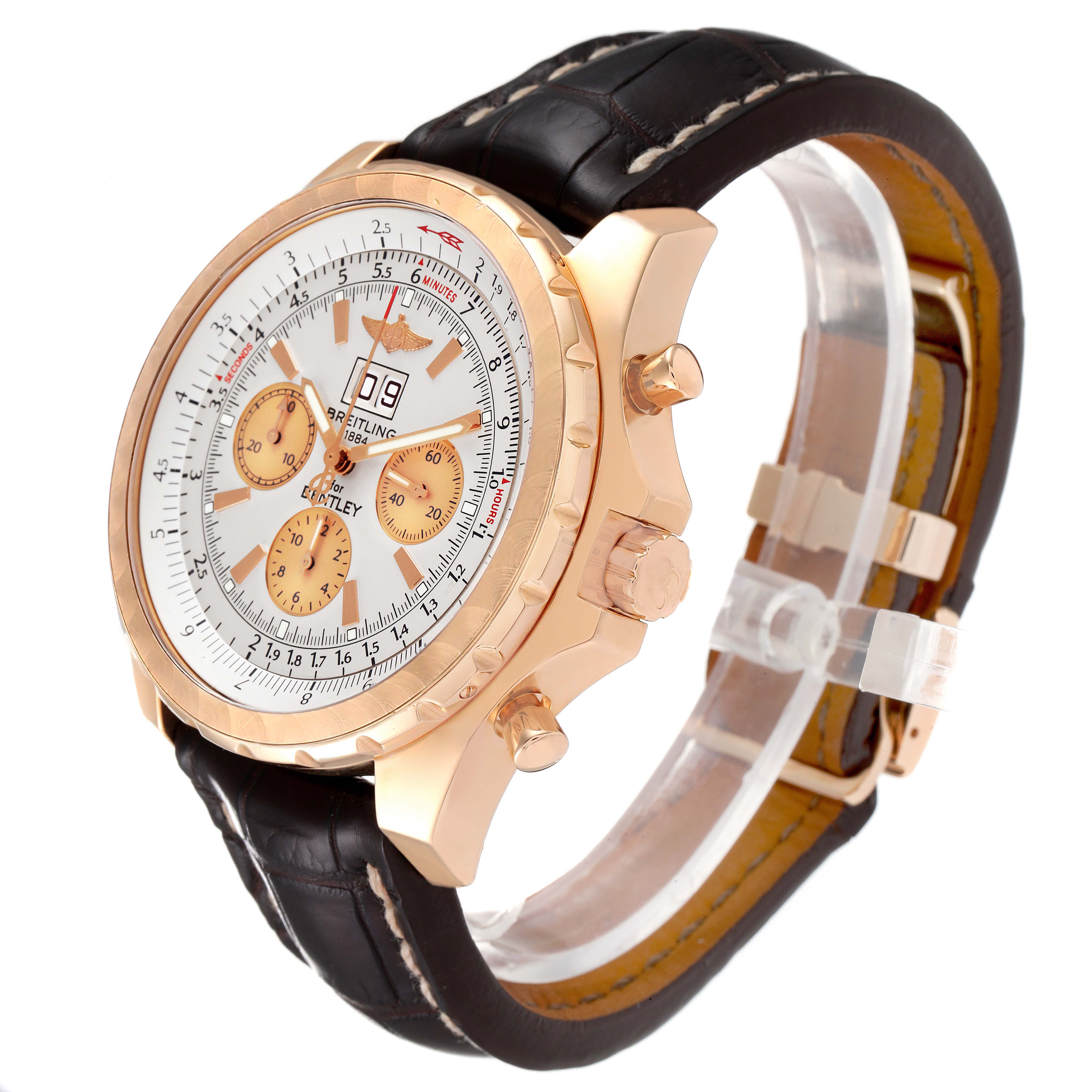 The Breitling Bentley H44364 Men's Rose Gold Silver Dial H44364 Men's Rose Gold Silver Dial watch is shown at a three-quarter angle, highlighting the face, bezel, crown, pushers, and leather strap.