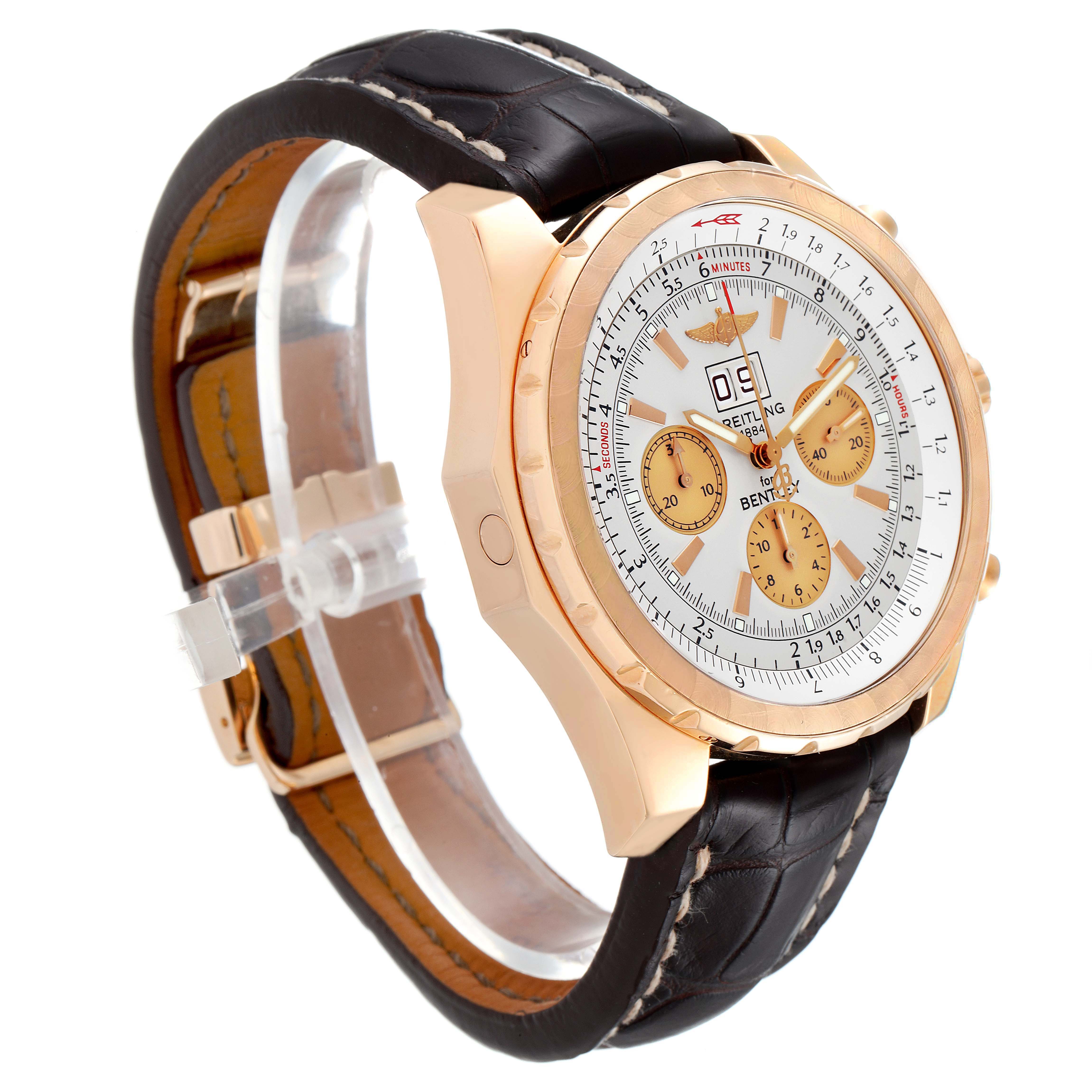 The image shows a Breitling Bentley H44364 Men's Rose Gold Silver Dial H44364 Men's Rose Gold Silver Dial watch at a side angle, highlighting its face, strap, and clasp.