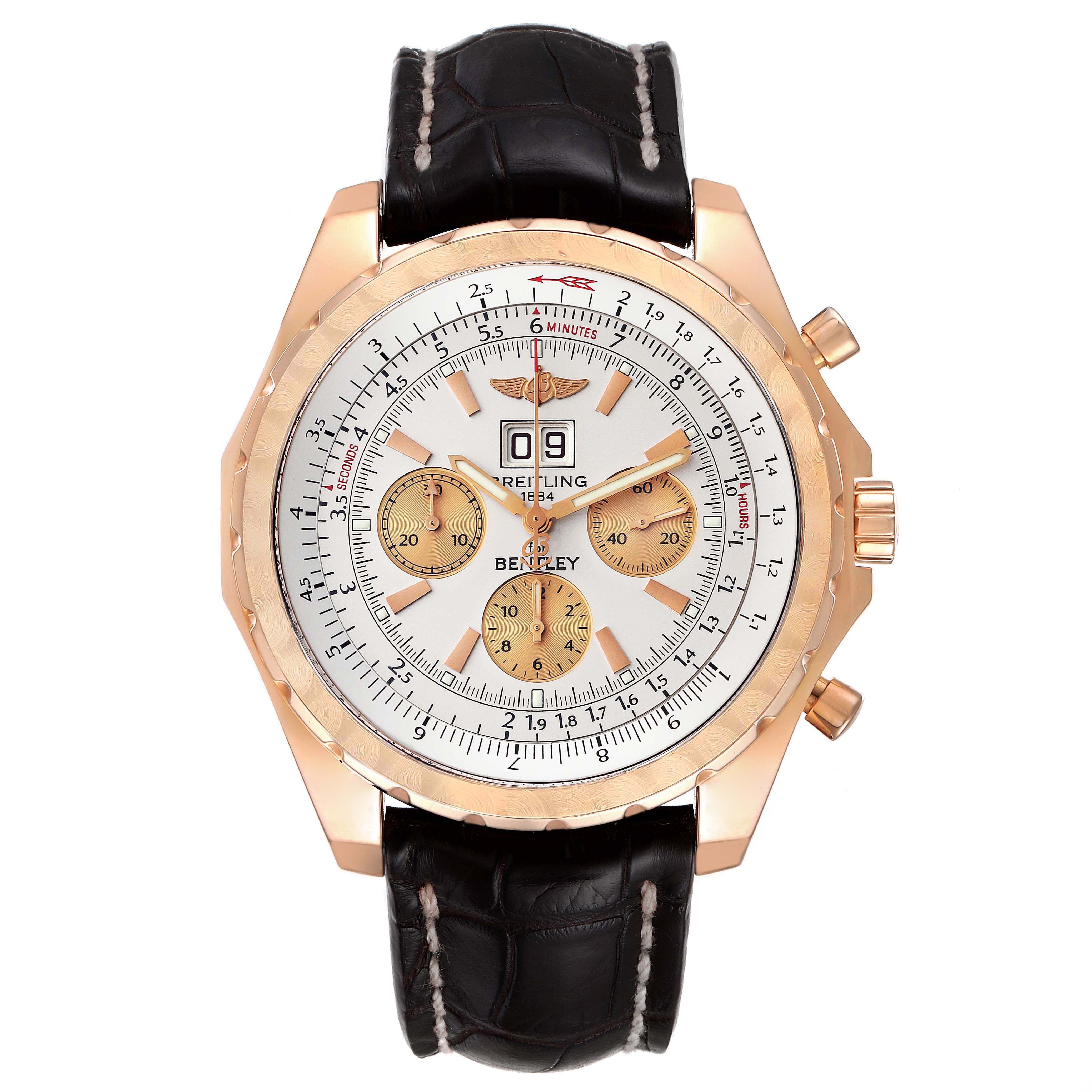 The image shows a front view of the Breitling Bentley H44364 Men's Rose Gold Silver Dial H44364 Men's Rose Gold Silver Dial watch with a leather strap and gold case.