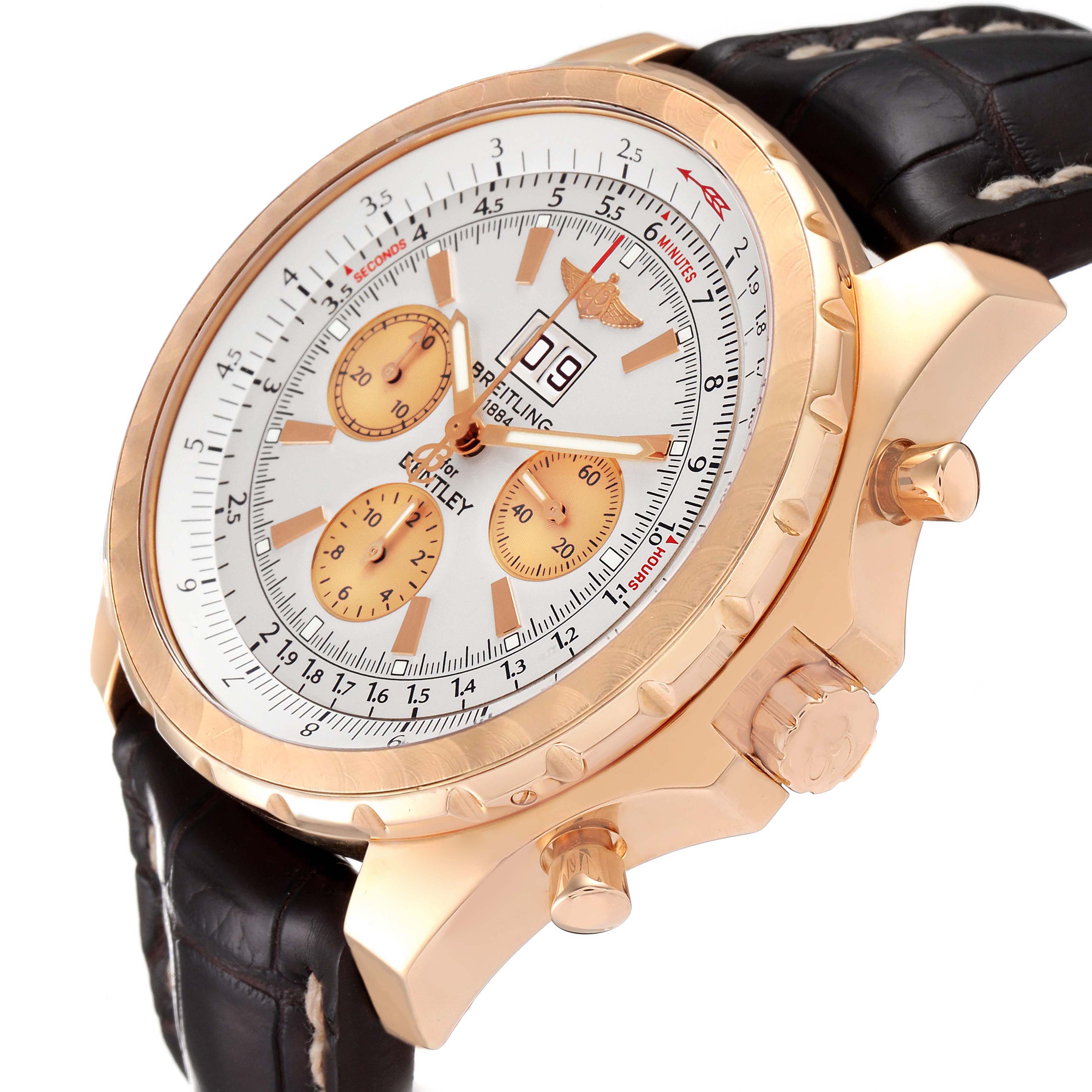 The image shows a close-up side angle of a Bentley model Breitling watch, highlighting the dial, crown, and pushers.