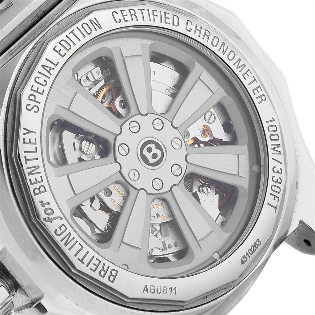 The image shows the back of a Breitling Bentley AB061112.BD80.990A Men's Stainless Steel Black Dial AB061112.BD80.990A Men's Stainless Steel Black Dial watch, featuring the rotor and internal mechanisms.